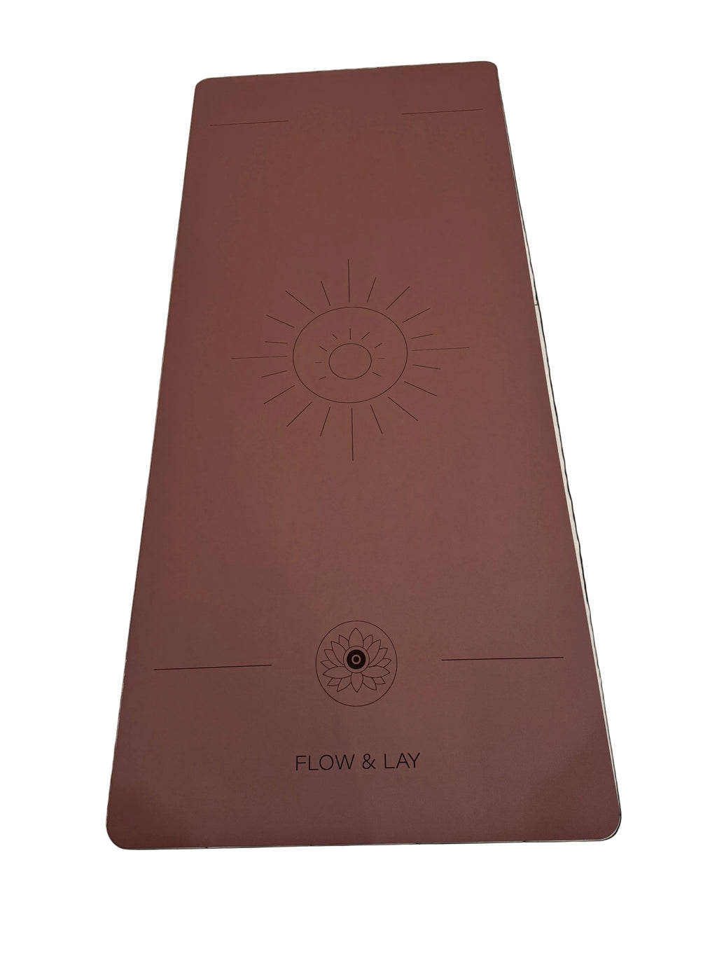 A dark red rocks Sedona colored yoga mat with engraved sun symbol and the brand name 'FLOW & LAY' printed at the bottom. Extra wide yoga mat
